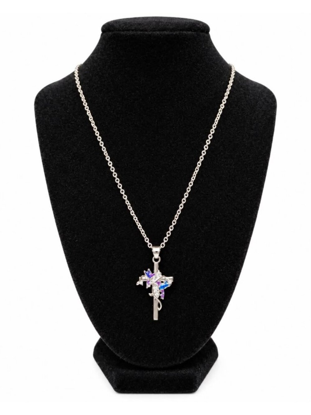 Silver Cross and Butterfly Pendant Necklace